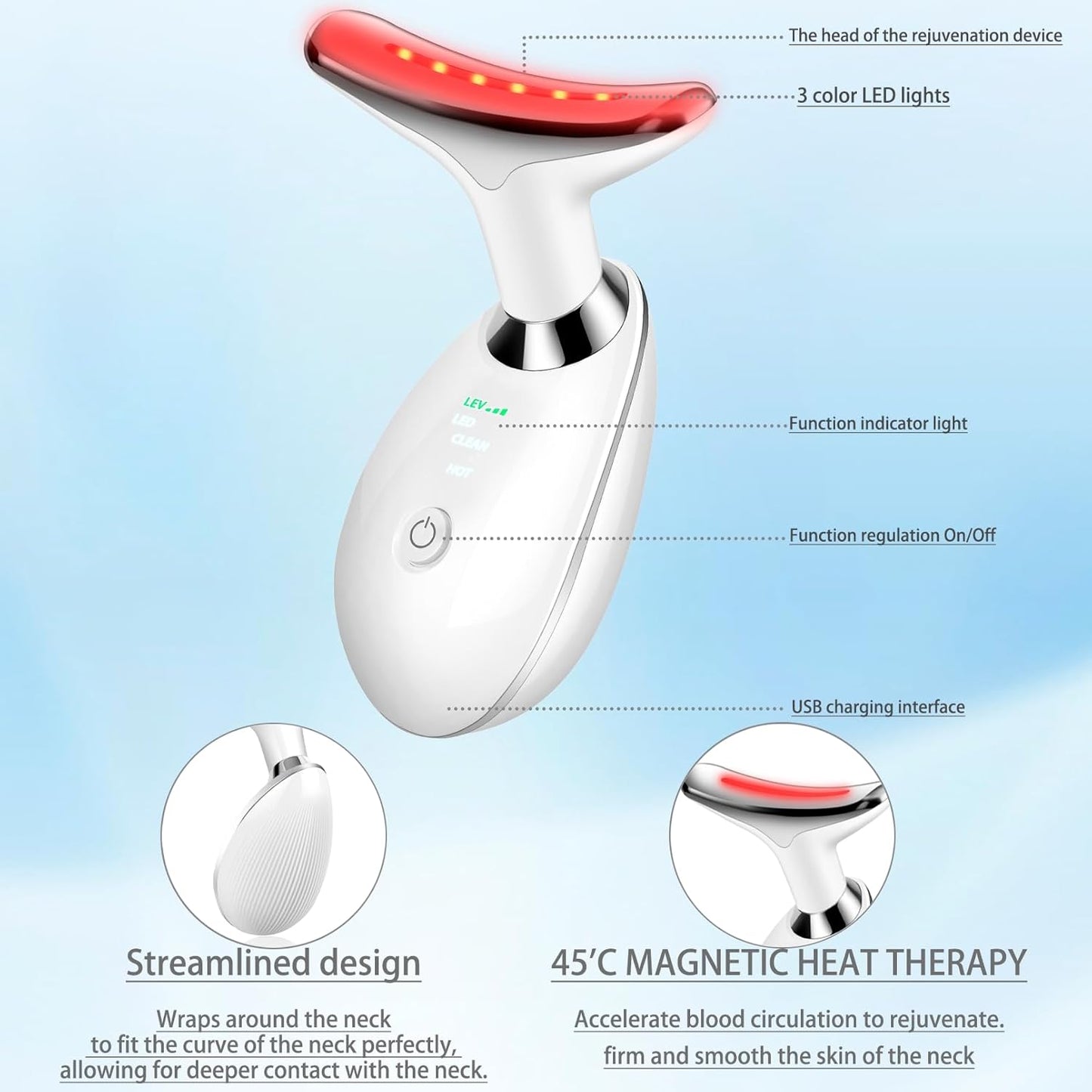 Face and Neck Massager, 3 Color Led Face Neck Massager, Multifunctional Facial Skin Care Tool, Ideal for Home Skin Care